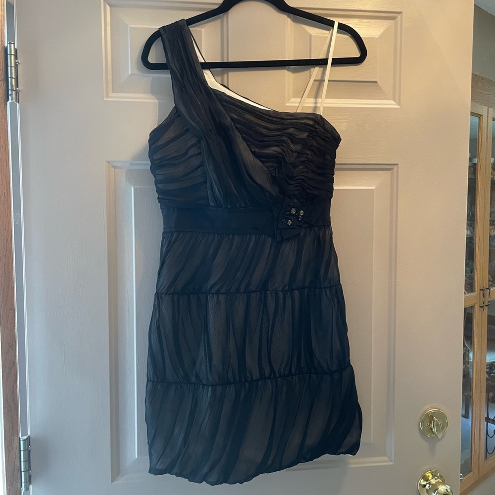 Max & Cleo Sandrine One Shoulder Black Sheer Overlay Chiffon Dress